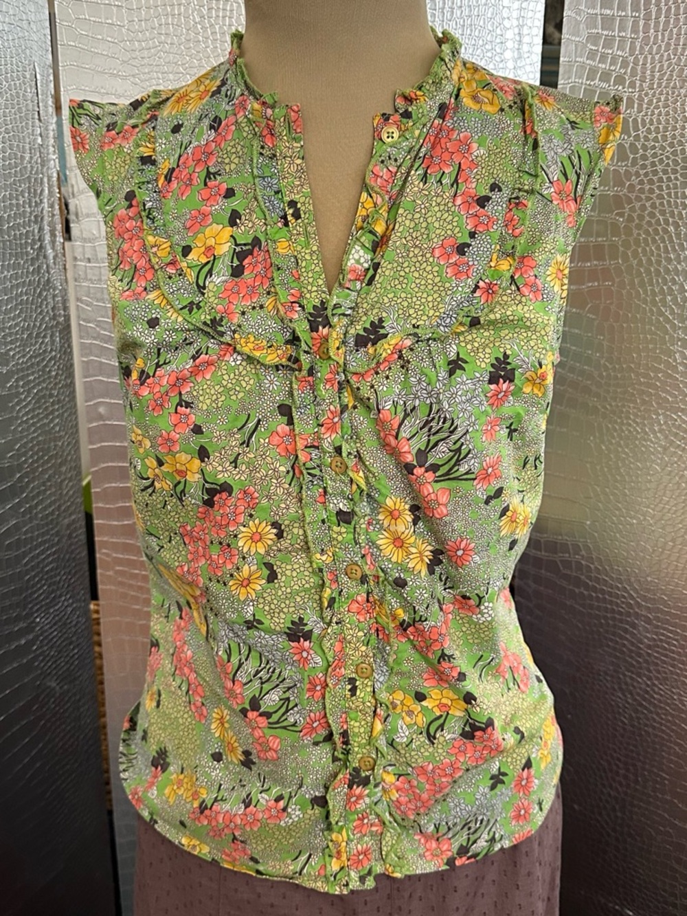 Odille Green Floral Ruffle Front Blouse